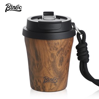 BINCOO 木紋色內塗層陶瓷咖啡杯 外體不銹鋼保溫杯 便攜高顏值 適宜家用辦公室戶外車載使用280ML/500ML