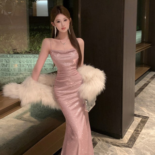 法式聚會派對性感粉色亮片吊帶長裙女裝緊身高級感無袖中長款緊身雪紡洋裝