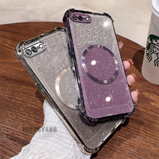 Iphone 7 Plus手機殼iPhone 8 Plus閃粉四角電鍍防摔手機殼唯美磁吸環新設計TPU軟殼