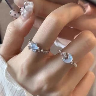 冰川藍星月亮戒指鋯石珍珠開口戒指女士時尚禮品戒指
