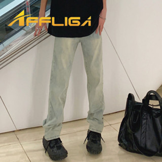 ✦AFFLIGA✦春秋季水洗牛仔褲男 潮流百搭黃泥色男女牛仔褲 韓版時尚青少年休閑褲子