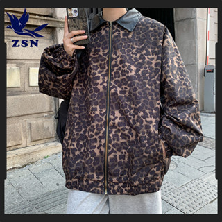 ★yirene★【M-2XL】秋天男裝 美式復古 豹紋外套 工裝翻領 夾克上衣 潮流百搭 寬鬆長袖