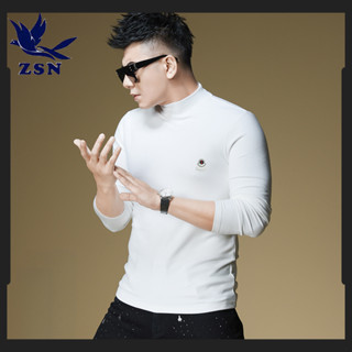 ★yirene★【M-4XL】秋冬半高領 純色雙面德絨 修身長袖 男士打底衫 保暖印花上衣 加厚韓版男裝