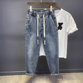 2024春季新款水洗藍色牛仔褲 韓版潮流哈倫褲 鬆緊腰長褲S-3XL