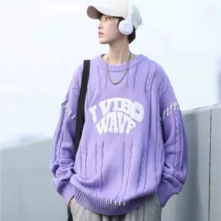 秋冬季潮流字母圓領毛衣男 美式休閒寬鬆百搭長袖針織衫男M-3XL