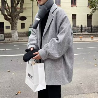 冬季寬鬆毛呢大衣男 中長款加厚毛呢潮流百搭風衣外套男m-3xl