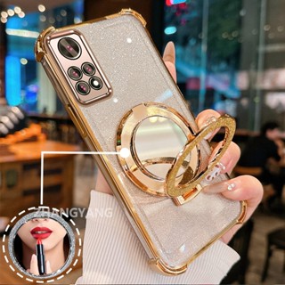Redmi note 11 4G note 11s 4G 四角防摔電鍍閃光手機殼帶美學鏡面支架 TPU 軟殼