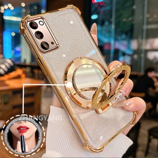 SAMSUNG 適用於三星 NOTE 20 四角防摔電鍍閃光手機殼帶美學特色和鏡子支架 TPU 軟殼