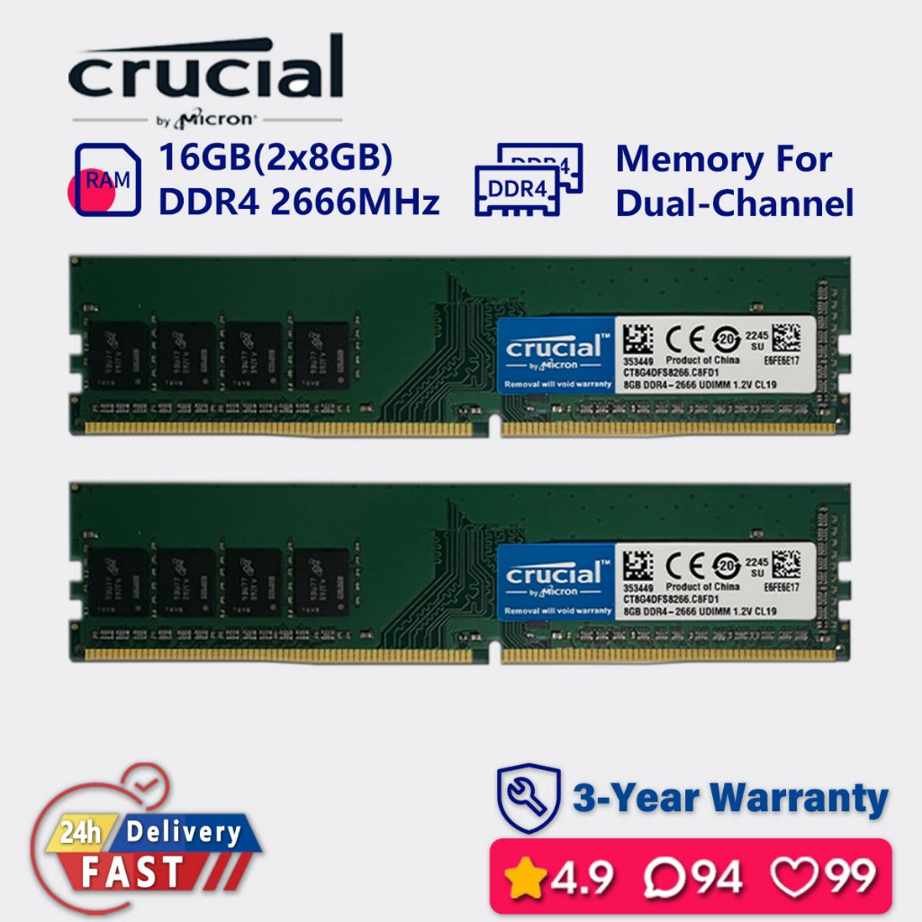 Crucial 16gb 32gb 64gb 2666mhz ddr4 雙通道台式機內存 Udimm pc4 21333