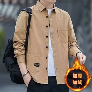 秋冬季翻領長袖刷毛襯衫男 新款工裝潮流襯衫寸衫休閒上衣外套男m-3xl