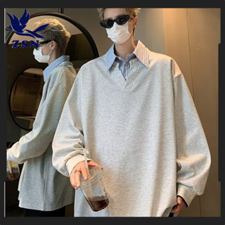 ★yirene★美式復古 薄外套男生韓版 假兩件上衣 襯衫領 polo衫衛衣 寬鬆衣服 百搭外套 潮流 大學t 男長袖
