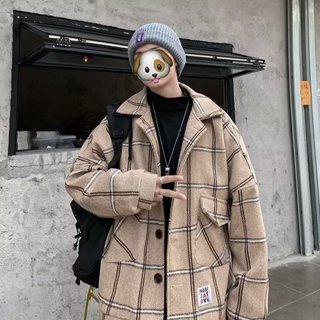 春秋季2024新款格子夾克男 秋冬裝潮牌日系毛呢短版外套男m-3xl