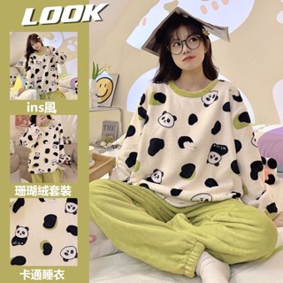 現貨免運24H發🆓法蘭絨睡衣 可愛少女卡通睡衣套裝 印花小熊小狗熊貓睡衣 圓領長袖保暖珊瑚絨家居服套裝 可外穿