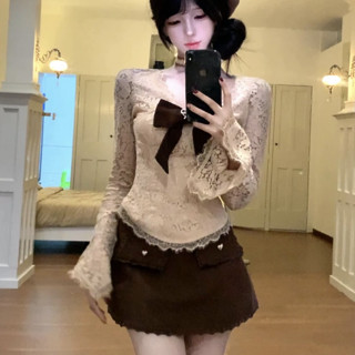 韓版氣質休閒時尚套裝女裝緊身V領蝴蝶結長袖蕾絲上衣+高腰A字半身裙兩件套