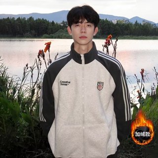 秋冬美式復古棒球服立領刷毛大學T男 新款百搭運動夾克上衣男m-3xl