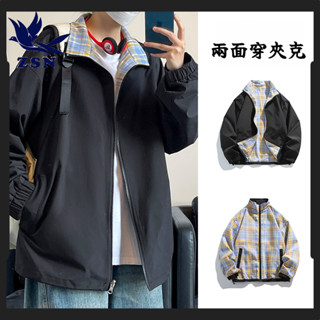 ★yirene★大碼男裝 兩面穿夾克 光面防水 透氣外套 潮流百搭 情侶休閒 寬鬆上衣 格子拼色 翻領長袖