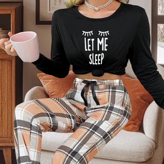女士睡衣套裝“let Me Sleep”白色會標印花圖案黑色圓領上衣和黃色格子長褲休閒舒適家居服 Y001+R