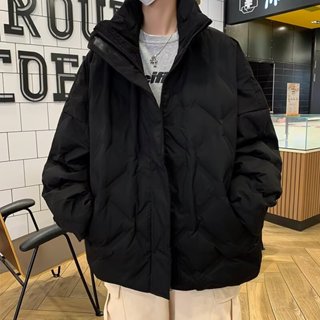 2024冬季黑色菱形格羽絨棉服男 高街立領加厚麵包服外套男m-2xl
