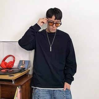 2024秋季精梳棉圓領T恤男 日系休閒復古口袋打底衫素色寬鬆長袖上衣男m-3xl