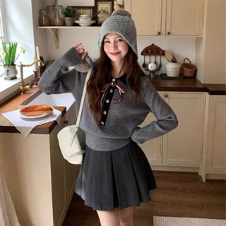 學院風休閒百搭毛衣女裝緊身撞色拼接蝴蝶結胸針翻領長袖針織上衣