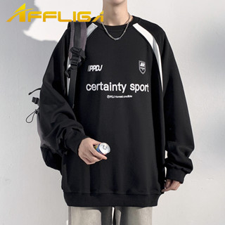 ✦AFFLIGA✦秋季潮流寬鬆長袖衫男 黑白拼接字母印花男款上衣 美式復古街頭大尺碼圓領大學T