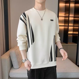 春秋季拼接潮牌設計感大學T男 寬鬆圓領長袖打底衫上衣男m-3xl