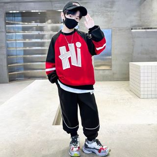 【YAOEENH】120-170CM 春秋男童撞色字母寬鬆休閒套裝 中大童時尚大學T束腳棉褲運動裝 現貨 快速出貨