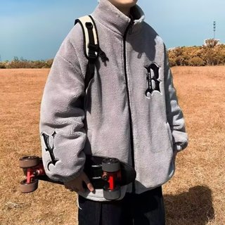 美式復古字母刺繡羔羊毛棉衣男 2024冬季潮牌保暖棉服休閒棉襖外套男m-3xl
