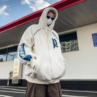 青少年潮牌刺繡連帽羔羊絨夾克男 秋冬季刷毛保暖棉衣上衣外套男m-3xl
