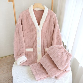 珊瑚絨冬季保暖睡衣女士秋冬刷毛加厚法蘭絨睡衣居家服寬鬆可外穿春秋保暖套裝家居服