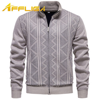 ✦AFFLIGA✦秋冬季立領男針織衫 厚款寬鬆加絨男士開衫毛衣 簡約條紋百搭多色男款外套