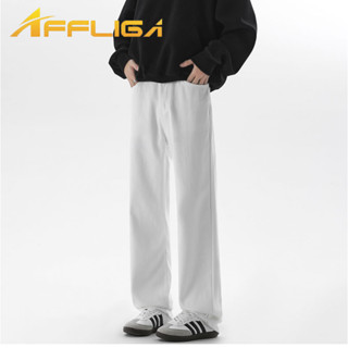 ✦AFFLIGA✦秋冬季加絨直筒牛仔褲男 水洗潮流簡約韓版男款長褲 美式復古百搭街頭男士休閑褲