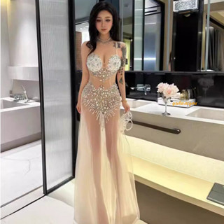 <愉快購>性感深V低胸網紗透視鑲鑽墜地長裙舞臺車模走秀夜店技師服