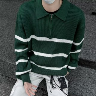 綠色條紋翻領毛衣男 美式高街半拉鍊設計套頭針織衫男 早秋設計感上衣男m-2xl