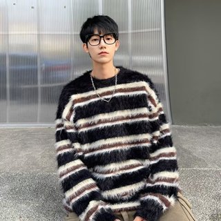 黑白條紋毛絨軟糯毛衣男 秋冬季高階感圓領套頭針織毛衫男m-2xl