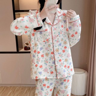 秋冬加厚保暖睡衣套裝女士純棉三層加棉空氣層睡衣居家服 翻領清新小碎花長袖長褲兩件式 日系簡約保暖女生睡衣套裝家居服