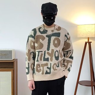 美式字母風圓領保暖毛衣男 情侶秋冬季軟糯休閒慵懶風打底寬鬆針織衫m-3xl