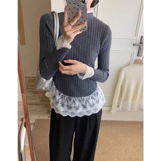 【NZN】 冬季新款韓版修身拼接蕾絲裙甜美減齡顯瘦百搭套頭打底針織毛衣女