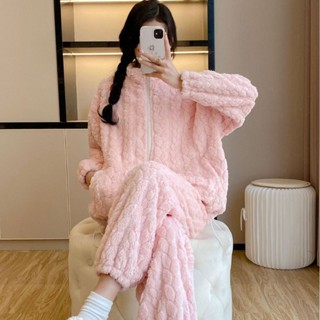 秋冬女生睡衣 刷毛加厚法蘭絨女睡衣居家服紐花絨可愛女士小外套套裝保暖刷毛加厚長袖長褲暖暖家居服