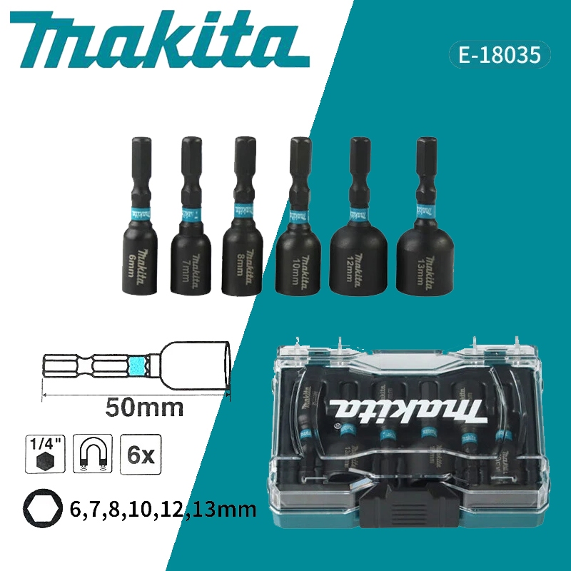 牧田 Makita E-18035 電動螺絲刀六角手柄磁性套筒 6 件套 1/4'' 抗衝擊套筒電動工具零件