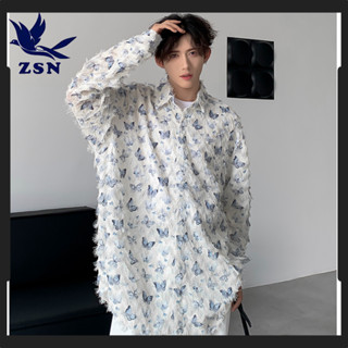 ★yirene★韓版男裝 寬鬆休閒 時尚百搭 蝴蝶流蘇 襯衫外套 大學t 男長袖 尖領紐扣 高街 學院上衣