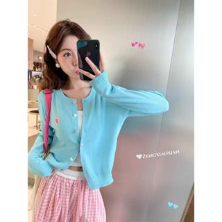 【BANKO】長袖外套 針織衫 針織上衣 藍色外套 韓版秋季女裝寬鬆薄款藍色長袖針織外套