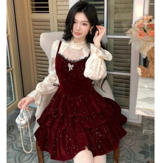 韓版聚會派對時尚套裝女裝緊身圓領長袖網紗鏤空蕾絲上衣+緊身亮片絲絨蓬蓬吊帶洋裝兩件套