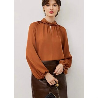 衣沐女裝批發 真絲雙喬素色襯衫2025早春新款優雅氣質輕盈透氣扭結立領長袖上衣