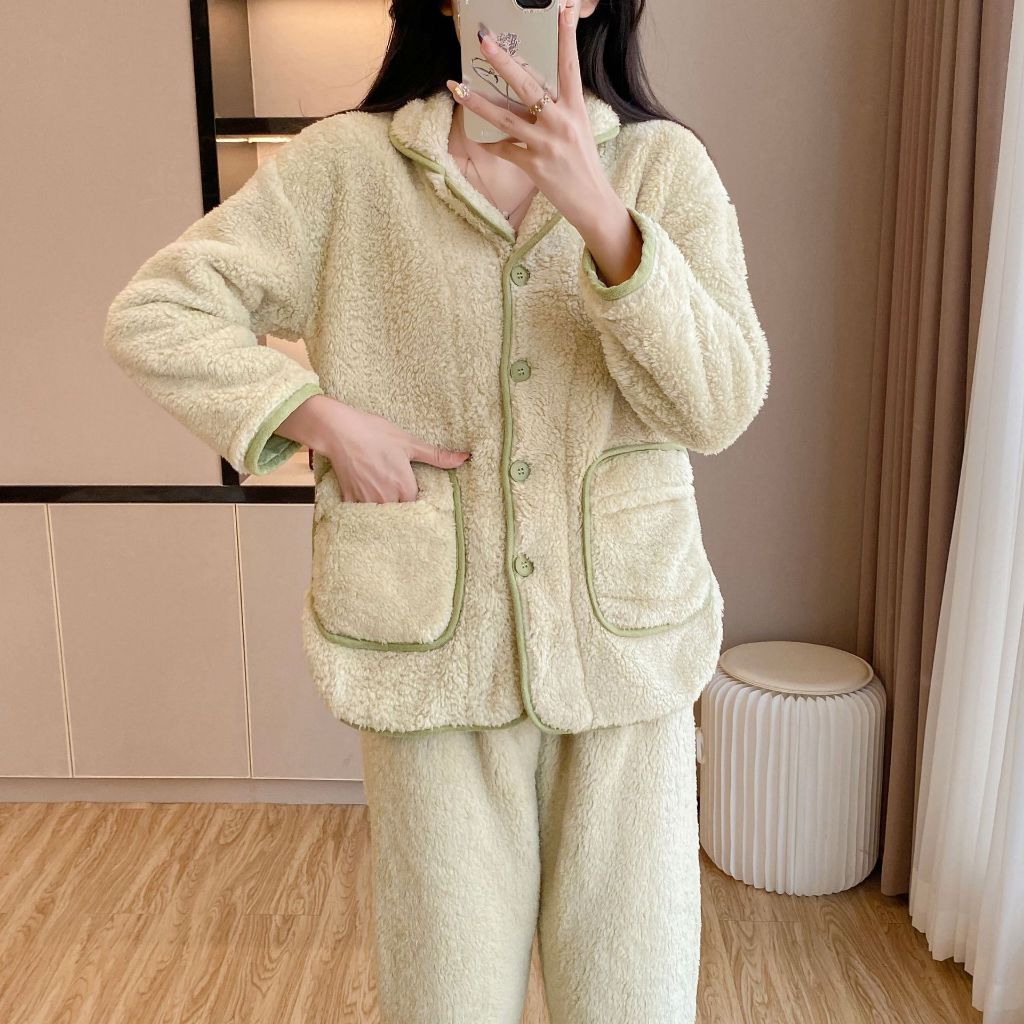 簡約素色北極絨冬季保暖女生睡衣情侶加厚北極絨家居服套裝長袖長褲冬季家居服