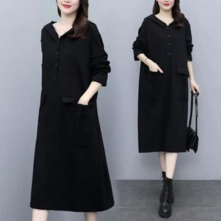 超大號黑色女式連帽襯衫長袖 Wanita Baju 上衣襯衫連帽衫 V 領寬鬆長襯衫秋季上衣大碼純色 #9040
