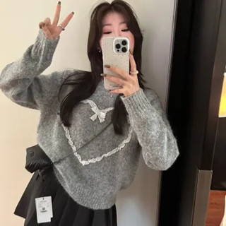 【NZN】 韓版時尚女士蕾絲愛心甜美套頭針織上衣保暖圓領長袖毛衣
