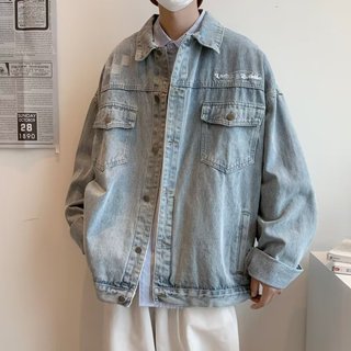 美式高街貼布刺繡牛仔夾克男 潮牌寬鬆休閒情侶上衣外套m-2xl