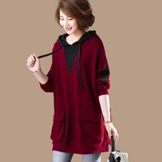 超大號女式拼接連帽襯衫長袖 Wanita Baju 上衣襯衫連帽衫 V 領寬鬆長襯衫秋季上衣大碼純色 #8849