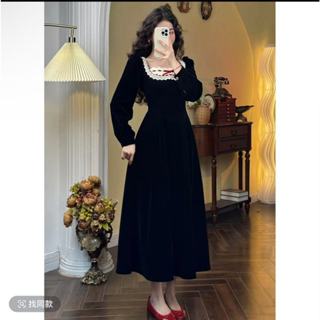 法式復古尚黑色絲絨長裙女裝高階感緊身蕾絲拼接圓領長袖中長款A字洋裝